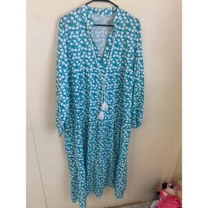 Long Sleeve Maxi Dress Bohemian Style Teal White‎ Leaf Pattern XL